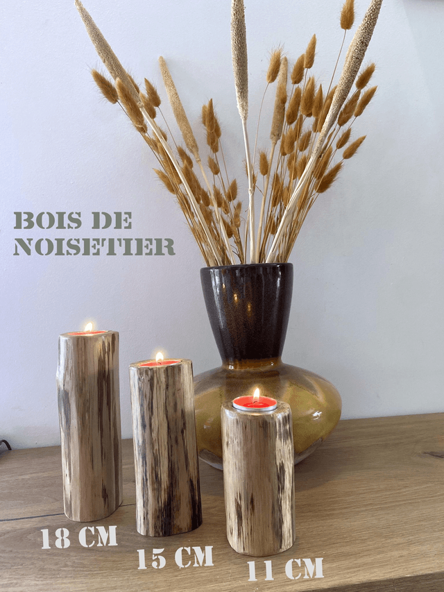 Bougeoirs en bois de noisetier pour une ambiance exceptionnelle - Lot de 3 - L'ARTelier de Julien